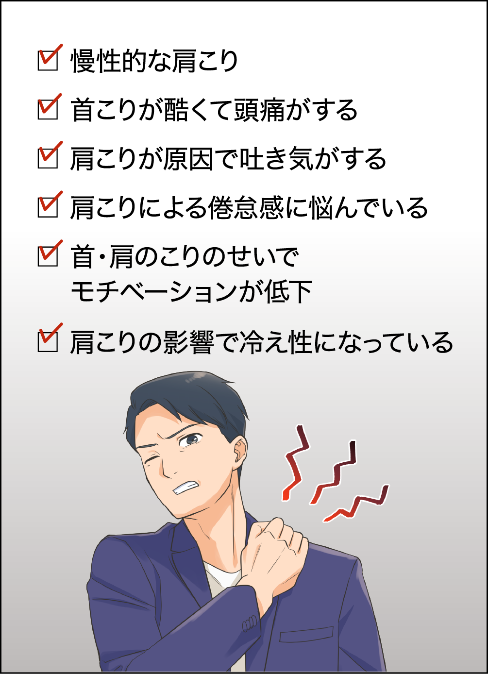 慢性的な肩こり。首こりが酷くて頭痛がする。首こりが原因で吐き気がする。肩こりによる倦怠感に悩んでいる。首・肩のこりのせいでモチベーションが低下。首こりの影響で冷え性になっている